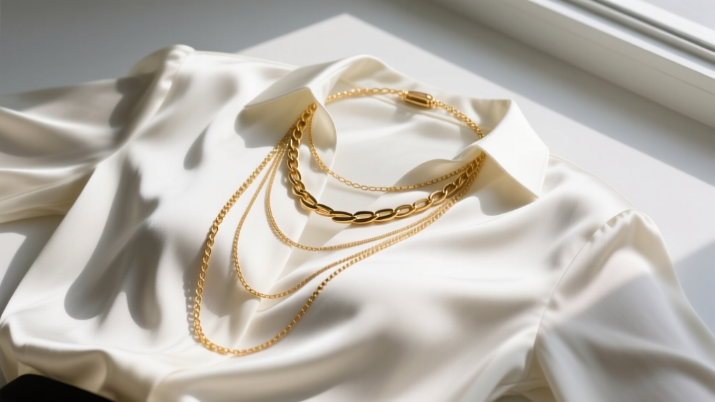 Flat lay of a layered lariat necklace on a silk blouse, highlighting the length differential between the delicate gold chains.