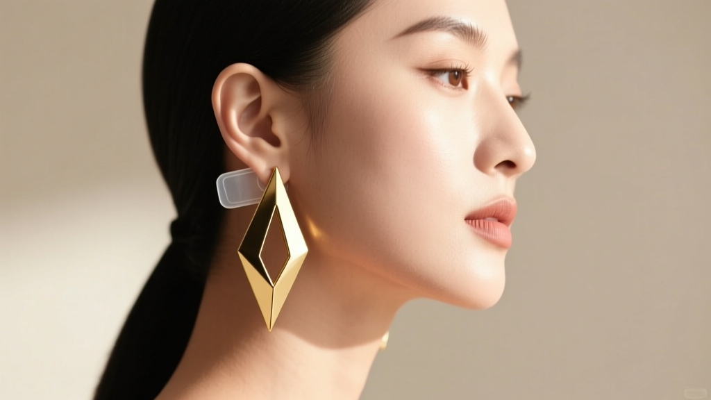 Side profile of a woman wearing gold geometric dangle earrings, highlighting the earlobe and a clear silicone support patch.