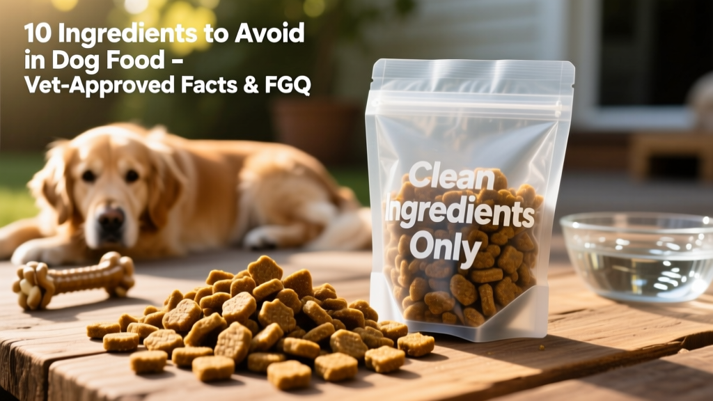 Close-up of high-quality kibble next to a labeled bag highlighting clean ingredients