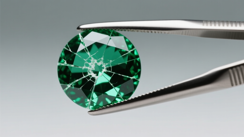 Close-up of a fractured emerald gemstone held by tweezers, showing internal cracks from improper ultrasonic cleaning shockwaves.