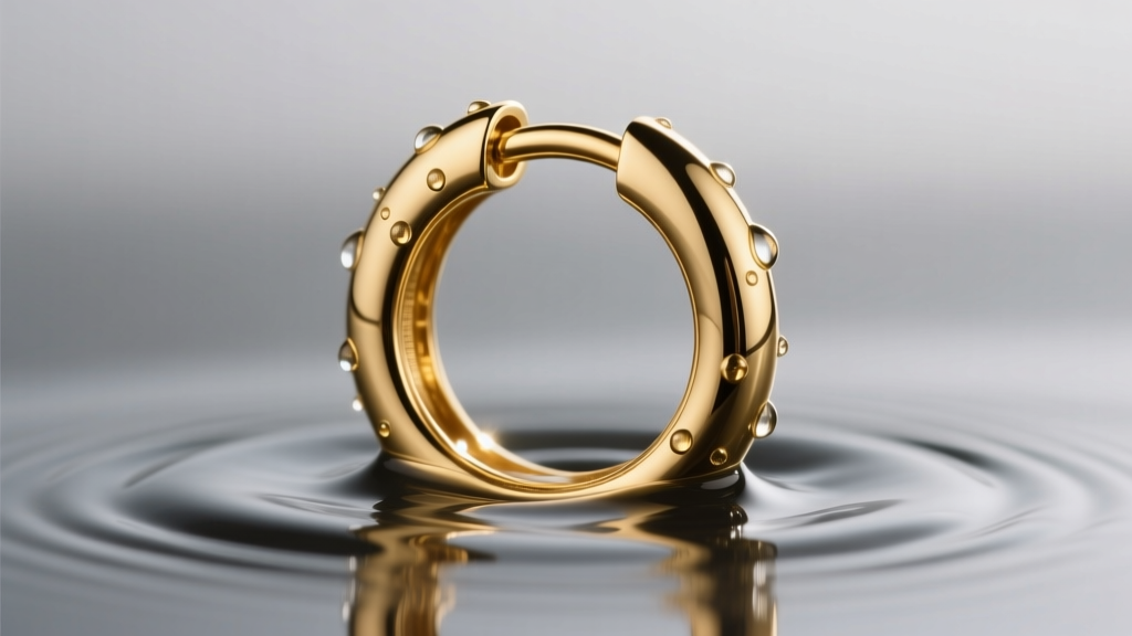 Close-up of a 14k solid gold clicker huggie hoop in water, highlighting the seamless hinge joint and bright polished finish.