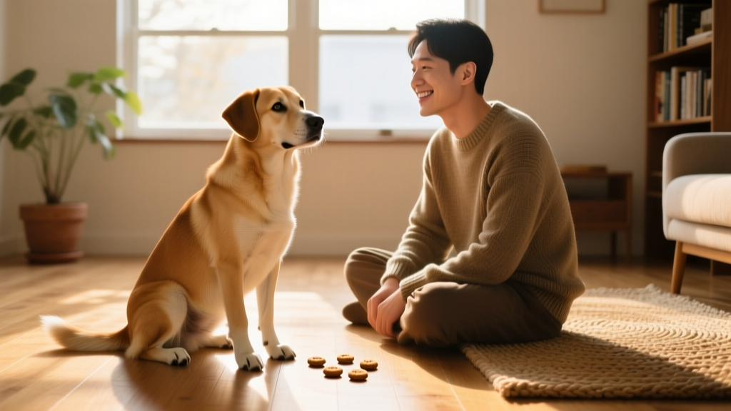A medium-sized dog gently sitting beside its owner instead of jumping, with treats visible on the floor