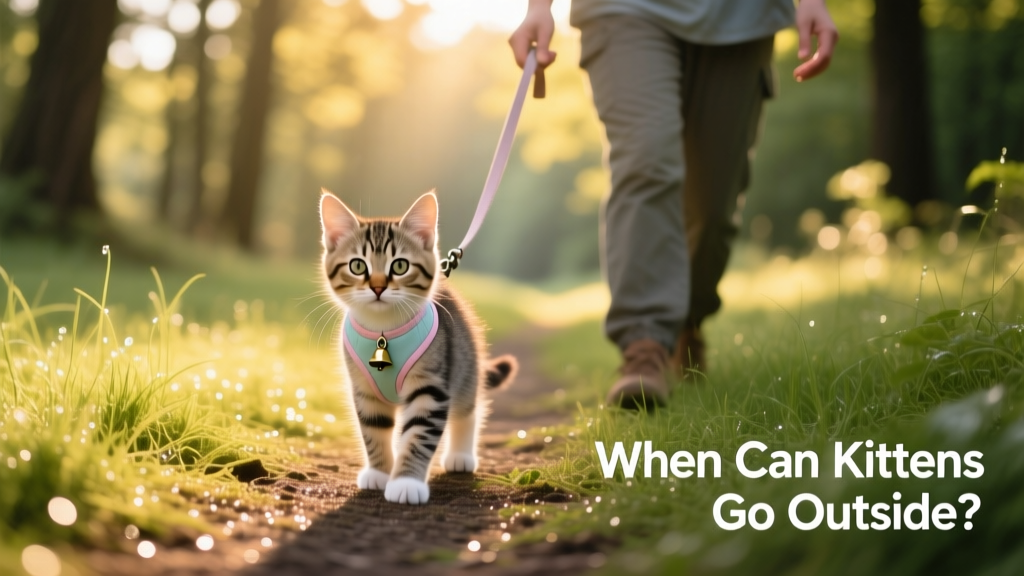 Kitten walking calmly on a grassy path wearing a harness, with a caregiver holding the leash nearby