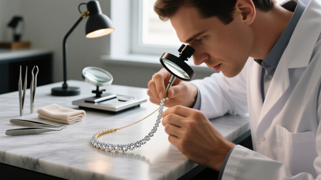 Jeweler using a loupe to inspect micro-pave diamonds on a white gold necklace, with professional tools visible in the background.