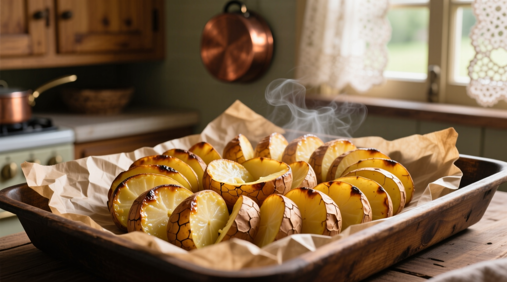 Golden brown sliced baked potatoes on parchment paper