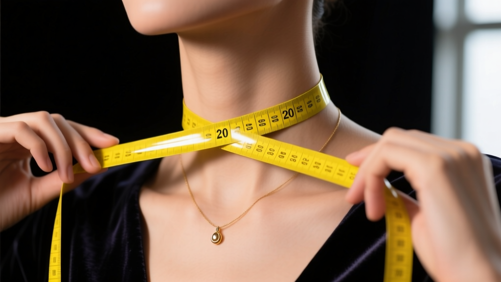 Hands using a flexible yellow measuring tape around the neck to simulate a 20-inch necklace drop against a dark velvet background