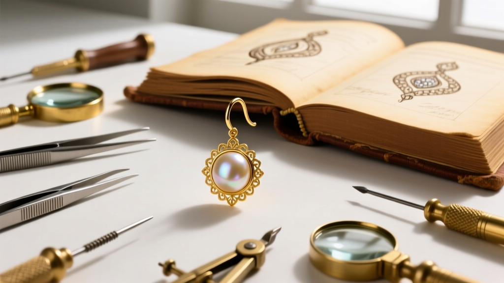 Overhead flat lay of a single 14k gold leverback pearl earring, surrounded by vintage brass jeweler tools and an open leather book