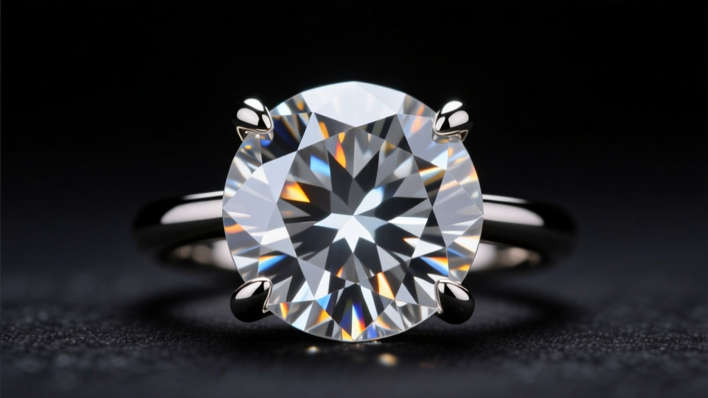 Macro shot of a three carat round brilliant diamond in a four prong platinum setting, showing crisp facets against dark velvet