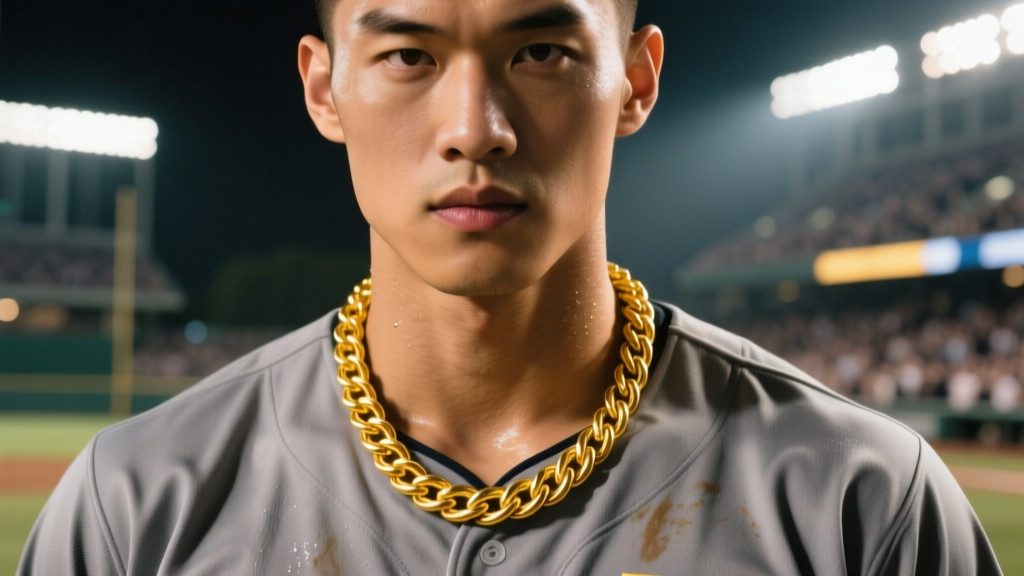 Close-up of a male athlete wearing a thick 6mm 14k yellow gold rope chain necklace over a grey baseball jersey, stadium lighting
