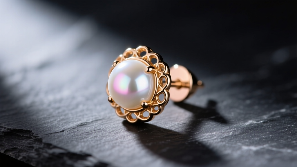 Macro shot of a 14k solid rose gold stud earring holding a round, high-luster white Akoya pearl, resting on a dark slate background