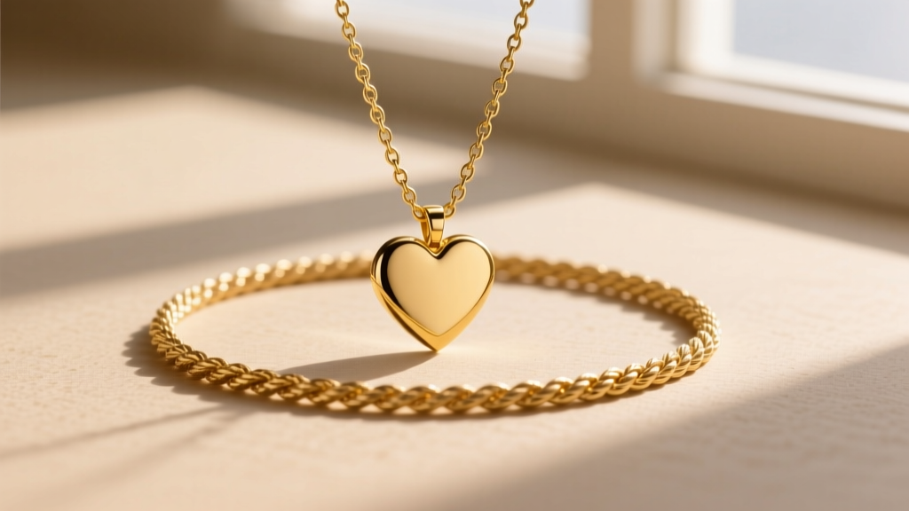 Layered setup featuring a 10mm flat gold heart on a 16-inch box chain paired with a 20-inch rope chain in warm, natural sunlight