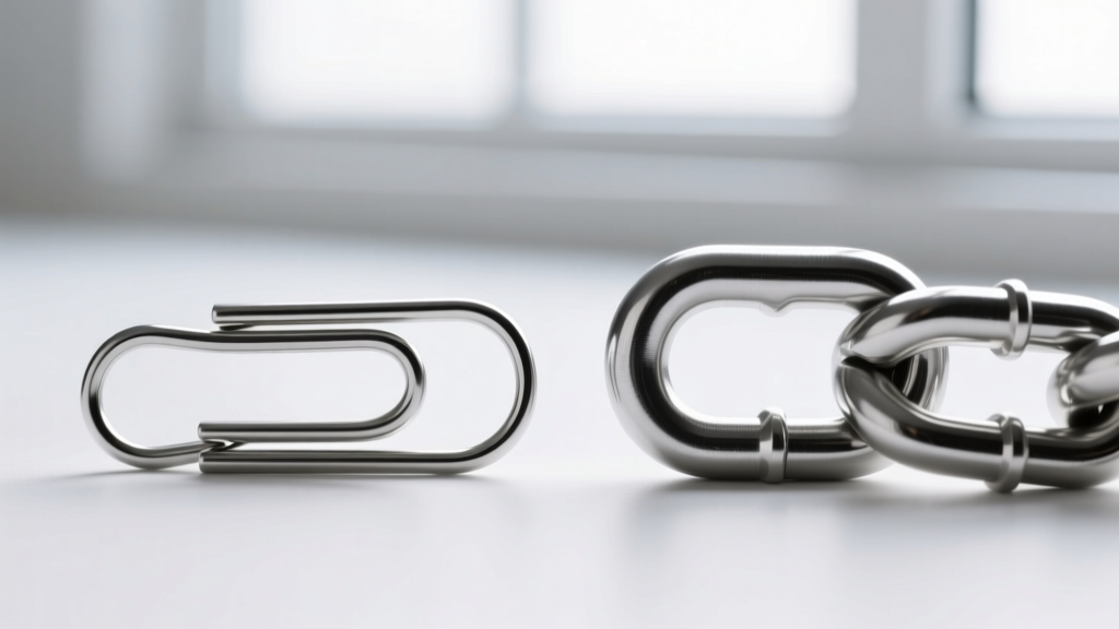 Macro photo comparing a hollow paperclip silver chain link beside a solid curb link, showing thin walls and structural differences
