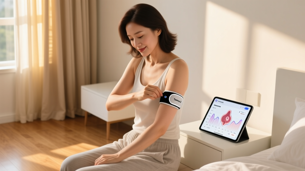 A woman adjusting the Tempdrop 2 armband sensor on her upper bicep while looking at a fertility charting app on her tablet in a sunlit bedroom.