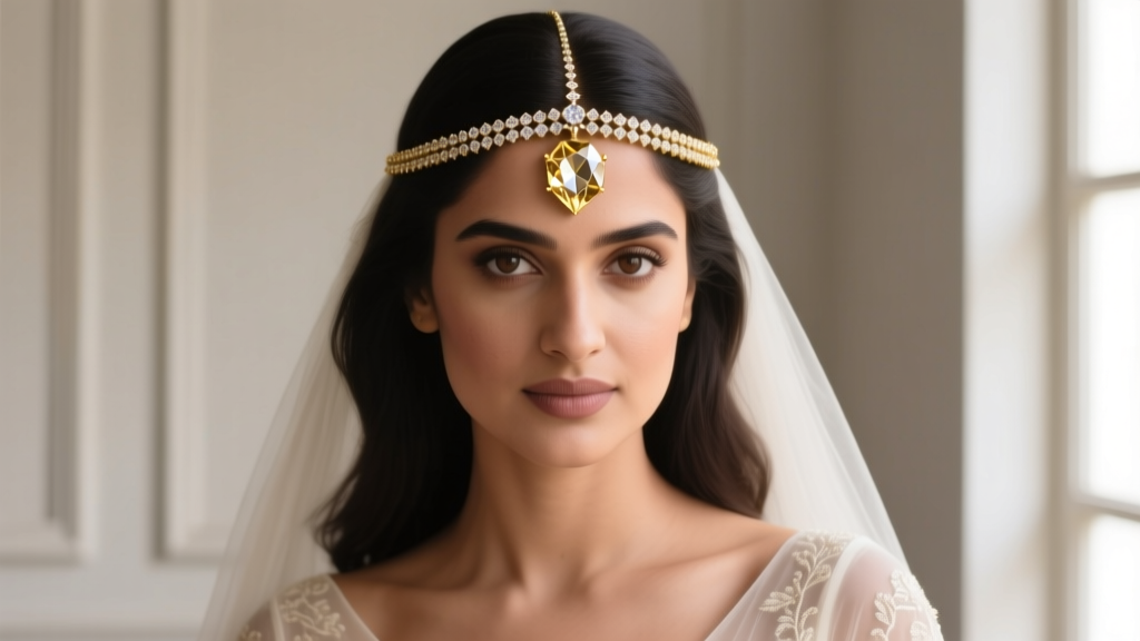 Gold and uncut diamond maang tikka resting on a bride's forehead, soft studio lighting, sharp macro focus, rich warm color grading