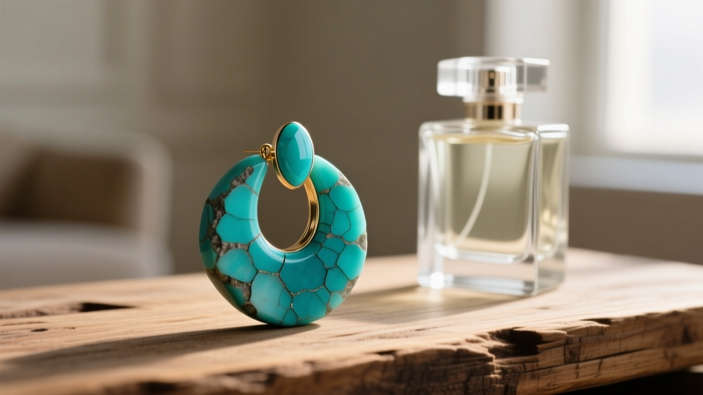 Cracked chunky turquoise earring on wood beside a perfume bottle, showing the soft stone's vulnerability to chemical damage
