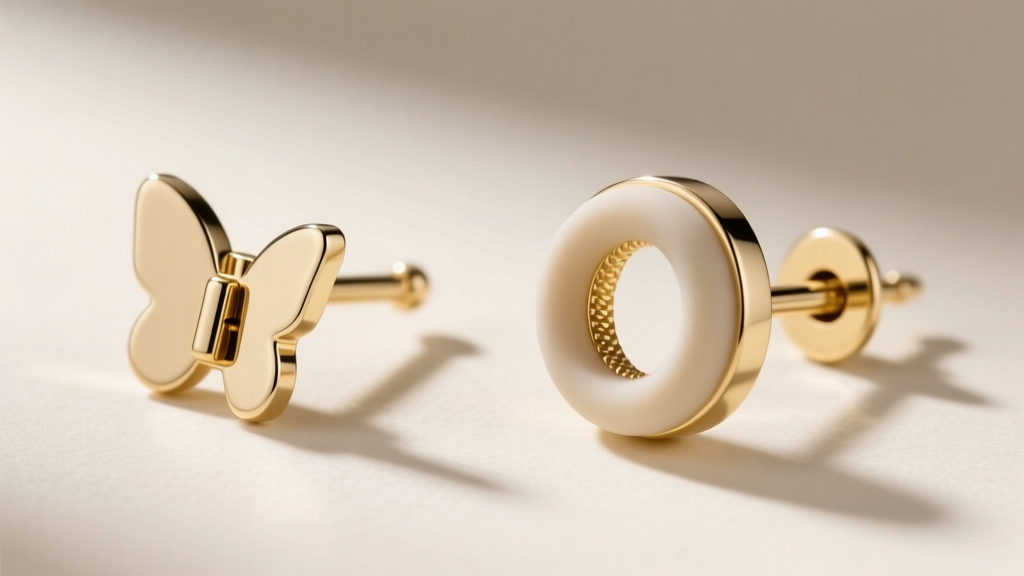 Side-by-side comparison of a standard butterfly friction back and a secure silicone O-ring back on a 14k white gold earring post