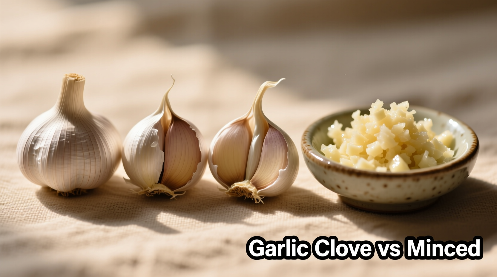 Four garlic cloves next to their minced equivalent