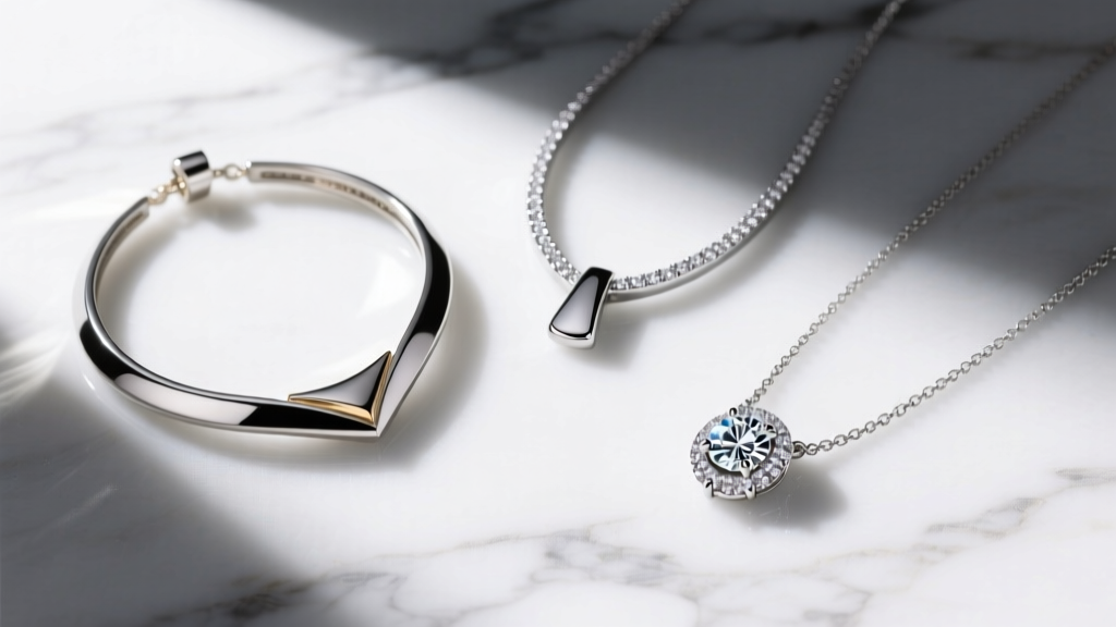 Flat lay of three marquee-style necklaces showing zinc alloy, sterling silver, and diamond variations on a bright marble surface