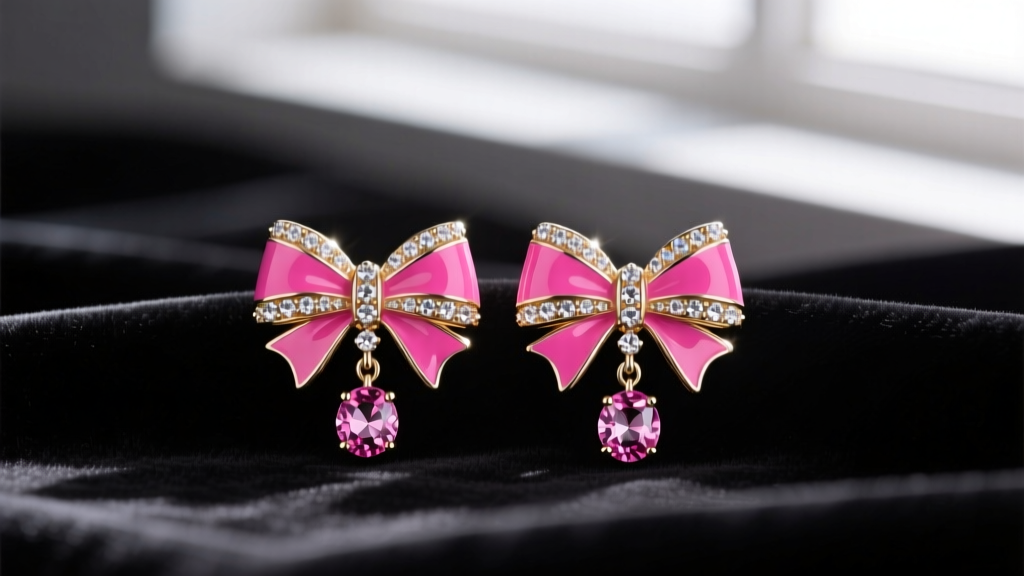 Close-up of vibrant pink cold-enamel Betsey Johnson bow drop earrings with pavé glass rhinestones resting on black velvet fabric.