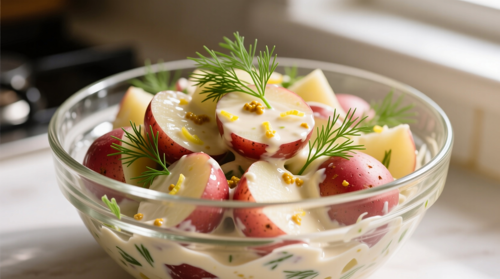 Creamy red potato salad in a glass bowl with fresh dill garnish
