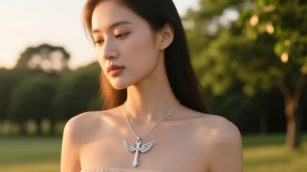 Young woman wearing a delicate sterling silver cross with wings pendant on a 16-inch chain, bathed in warm golden hour sunlight.