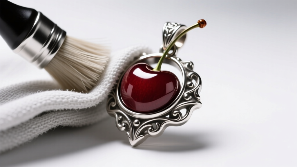 Silver polishing cloth gently buffing raised edges of a vintage Hysteric Glamour cherry pendant, revealing bright silver beneath.