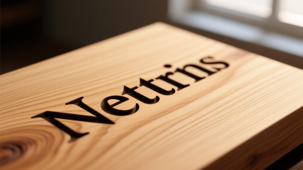 Macro shot of deep rotary engraving on light maple wood, showing sharp contrast between natural grain and dark etched letters