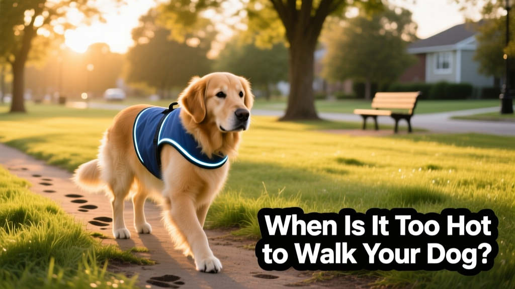 A calm Golden Retriever walking on grassy park paths at sunset, wearing a lightweight cooling vest