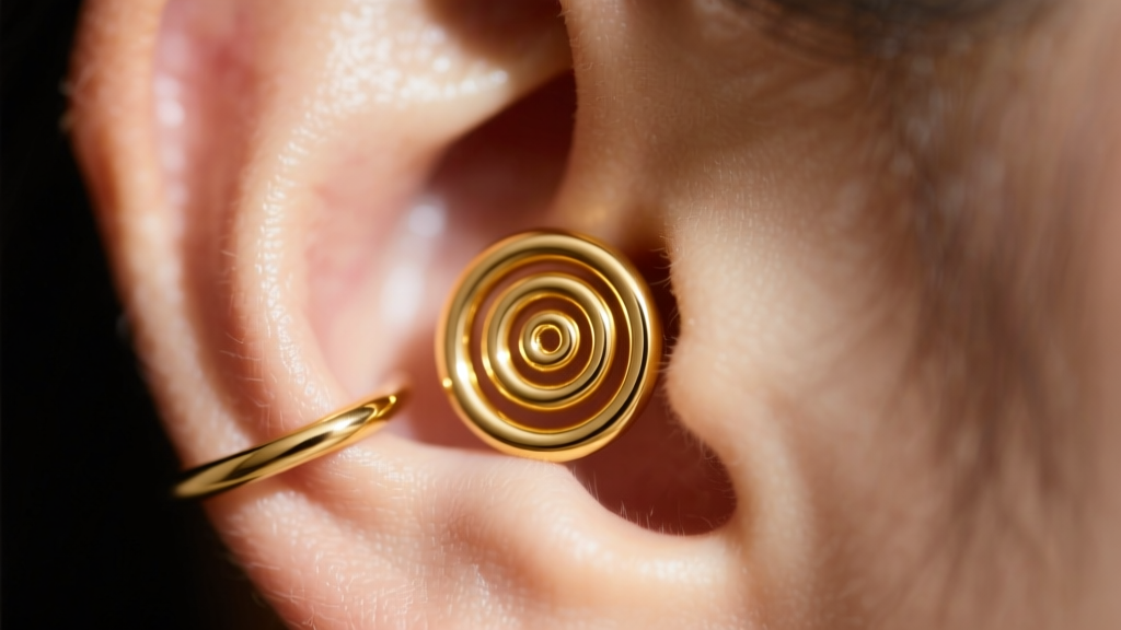 Macro shot of an 18k yellow gold spiral ear cuff wrapping around a helix cartilage piercing, studio lighting, sharp focus.