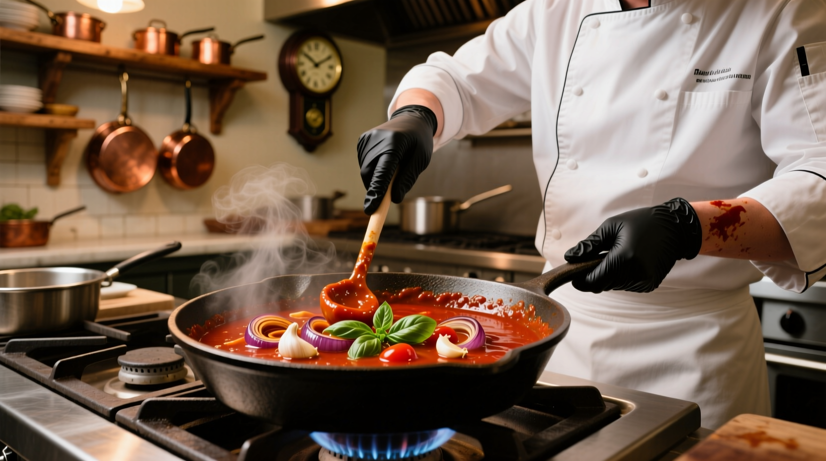 Chef stirring rich tomato gravy in cast iron skillet