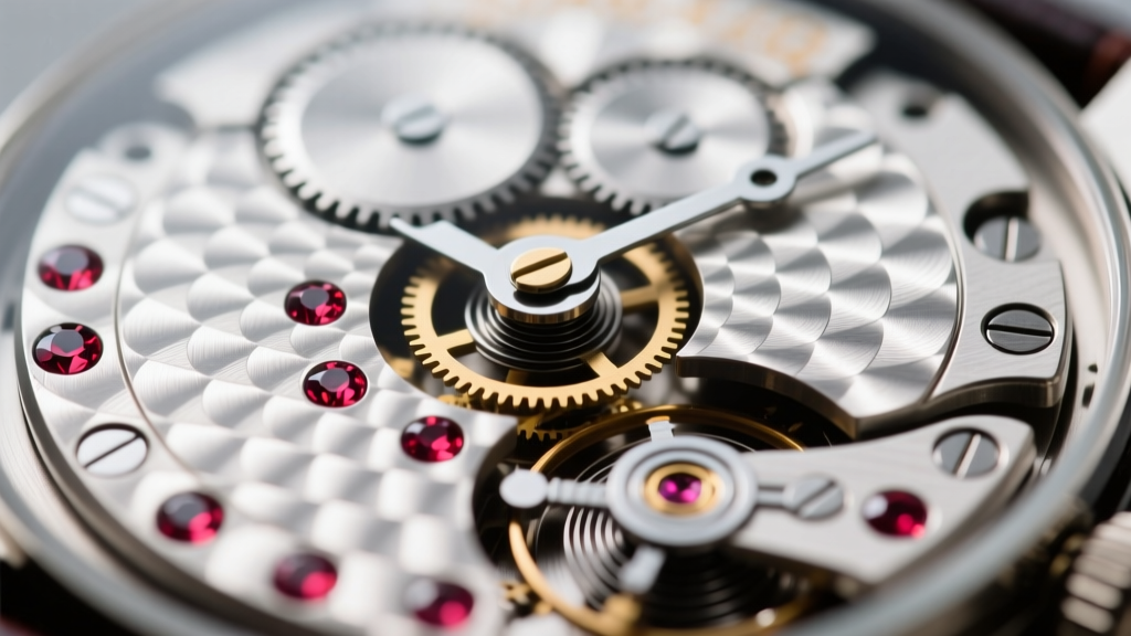 Macro shot of a vintage Swiss micro-watch movement, highlighting the balance wheel, synthetic ruby jewels, and perlage finishing.