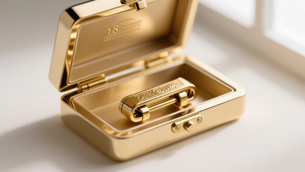 Extreme close-up of an open 18k white gold box clasp with a safety latch, showing the intricate tongue and groove mechanism.