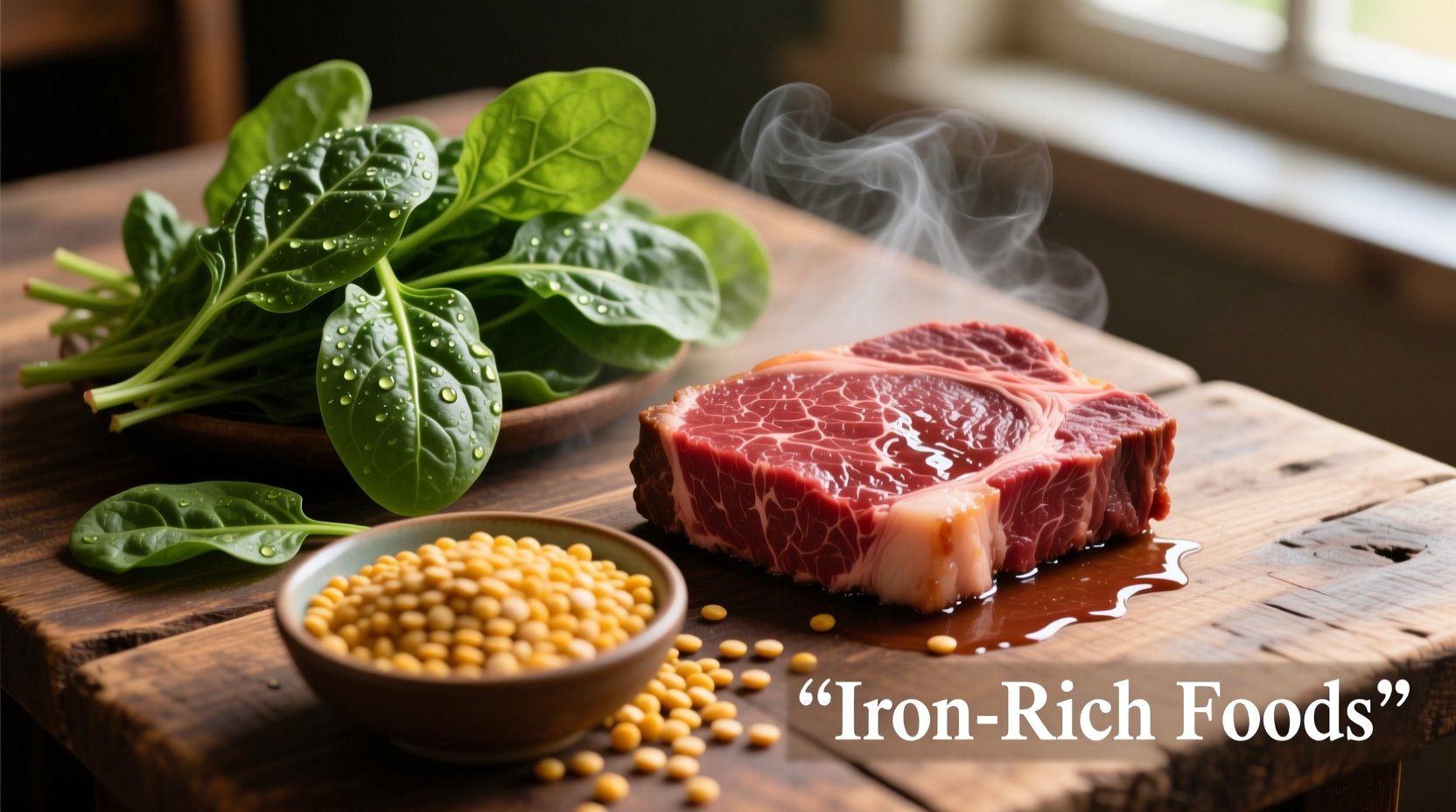 Iron-rich foods including spinach, red meat, and lentils arranged