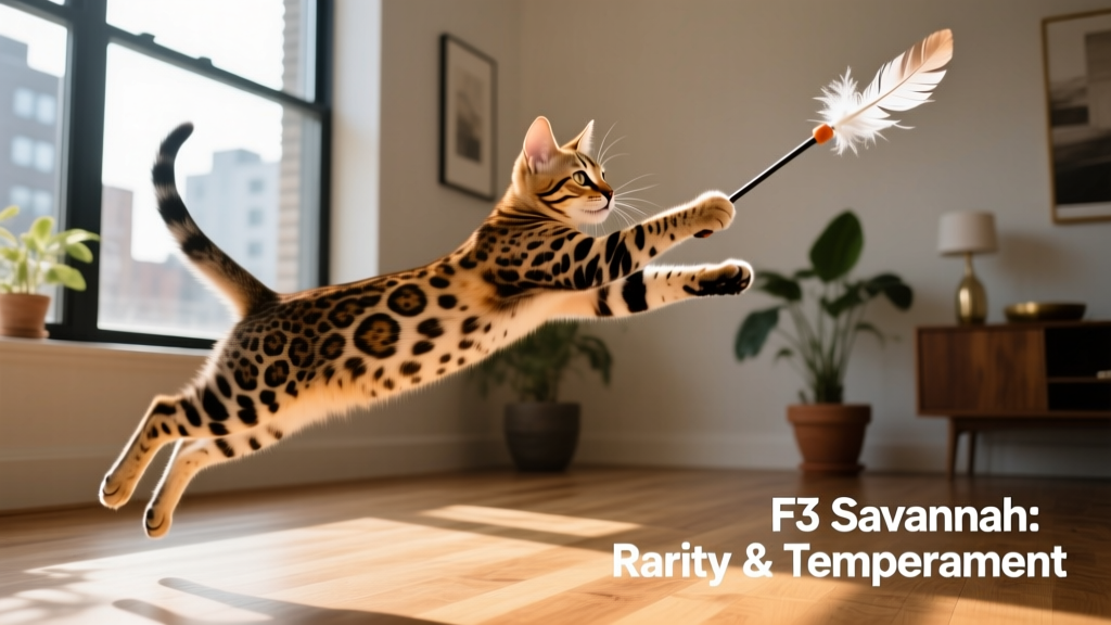 An F3 Savannah kitten playing with a feather wand toy, mid-leap, highlighting its agility and muscular build