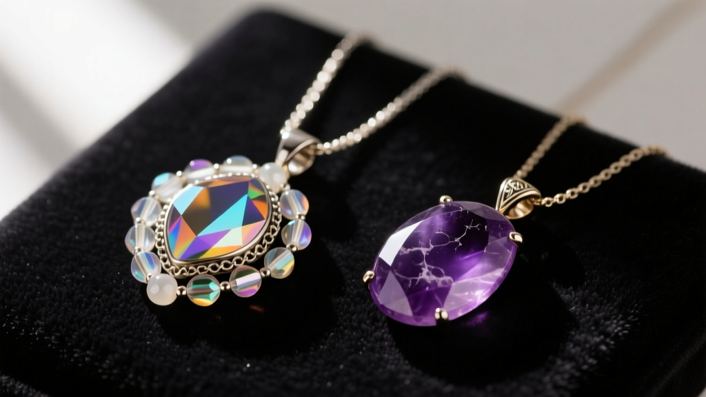 Modern glass-bead Coldwater Creek pendant beside a vintage 1990s genuine amethyst stone pendant resting on a dark velvet surface
