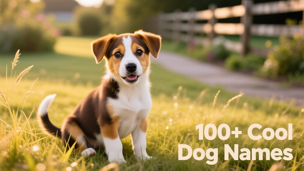 A joyful mixed-breed puppy sitting on a sunlit grassy field, looking curiously at the camera