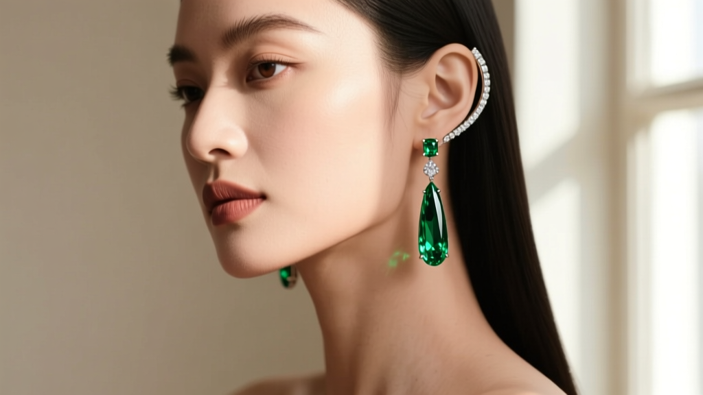 Profile of a woman wearing leverback emerald diamond drop earrings, showing the dangle length as stones catch soft natural light.