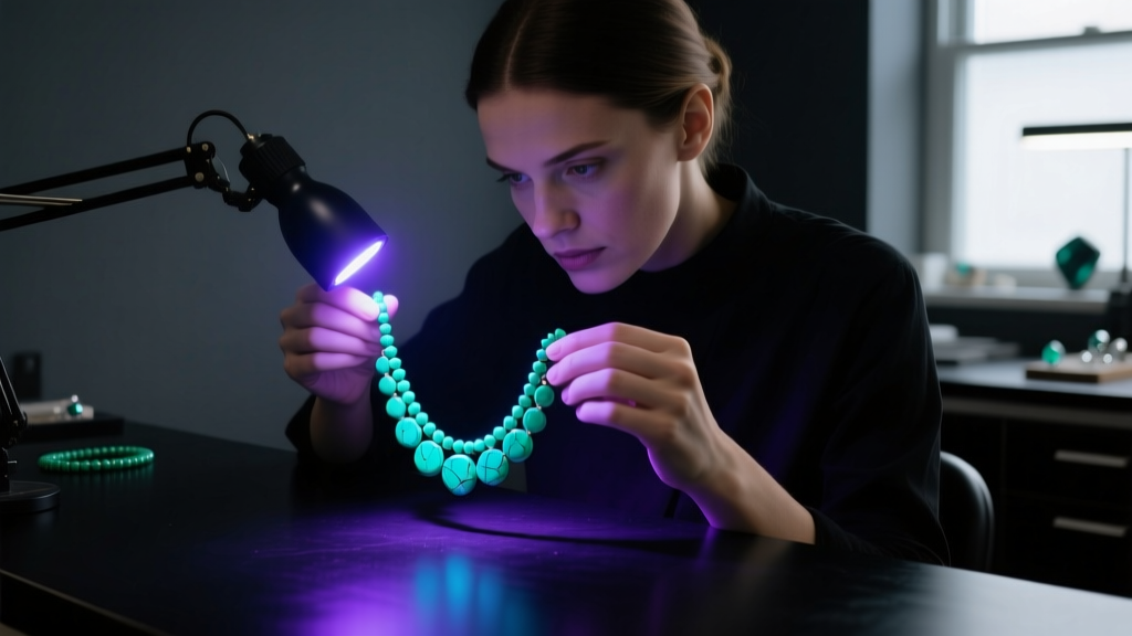Jeweler using a UV flashlight to inspect a green turquoise bead necklace for epoxy fluorescence in a dimly lit gemology workshop.