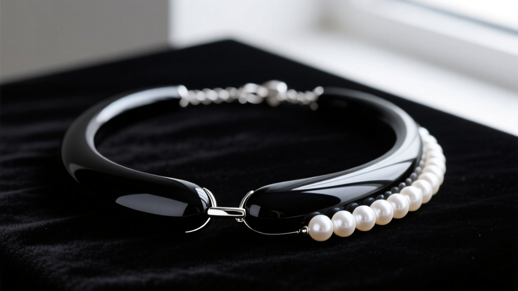 Close-up of a black onyx and white Akoya pearl necklace laid on dark velvet, highlighting the contrasting textures and a silver clasp.