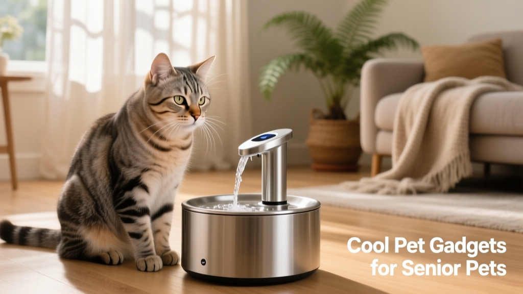 Senior tabby cat drinking from a quiet, stainless-steel automatic water fountain with gentle water flow