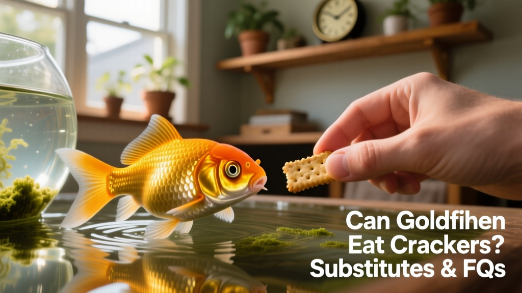 Close-up of a goldfish near the water surface, looking toward a hand holding a cracker
