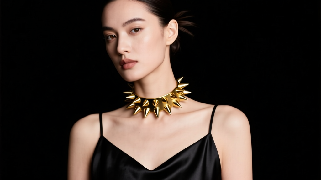 Model wearing a 14k gold spiked choker with 10mm pyramidal spikes against a black silk slip dress in soft studio lighting.