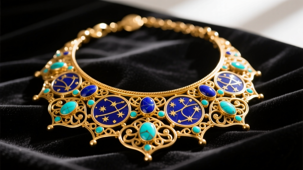 Wide shot of a heavy gold-tone Persian pectoral necklace with lapis lazuli and turquoise cabochons resting on dark velvet fabric.