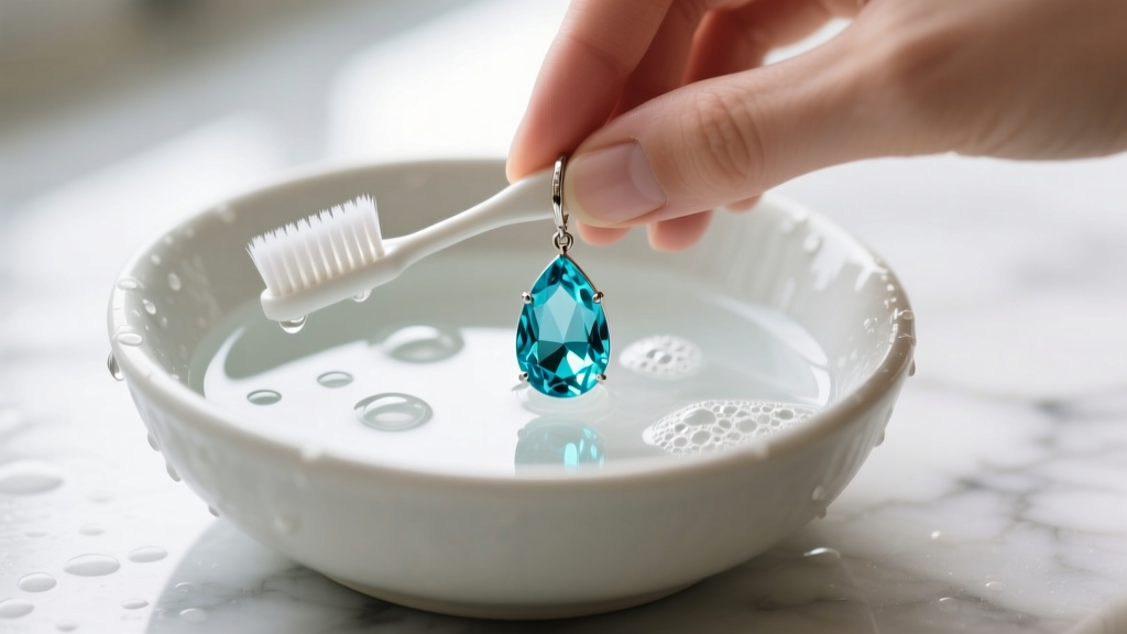 Hands gently brushing an emerald cut aquamarine drop earring with a soft toothbrush in a ceramic bowl of mild soapy water.