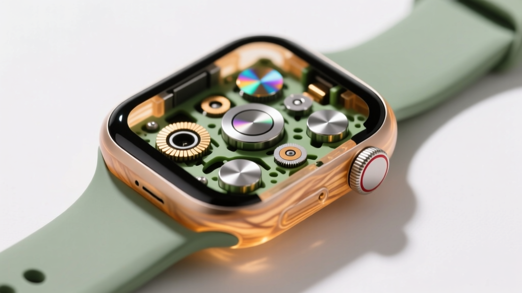 Disassembled view of a sustainable smart wearable showing bio-resin chassis and recycled rare-earth magnetic components