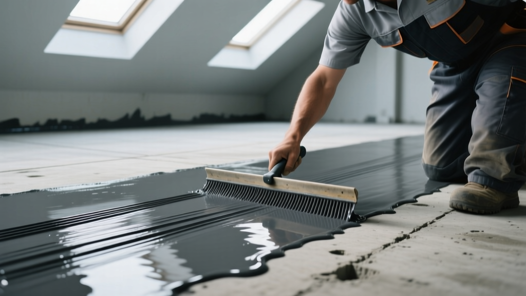 Worker using a notched squeegee to apply dark gray polyurethane liquid waterproof membrane over a primed concrete deck surface