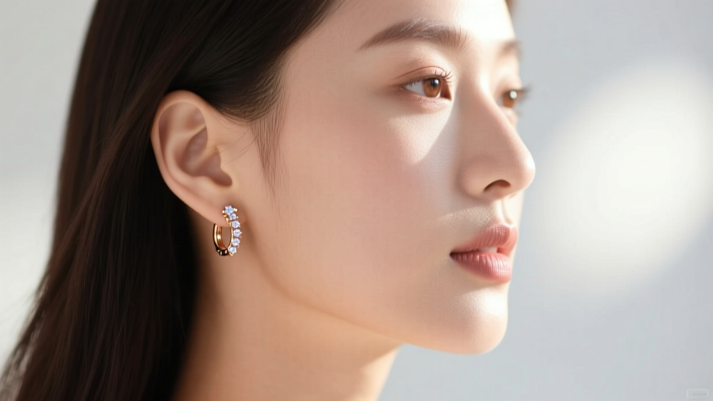 Side profile of a woman wearing 10k rose gold huggie earrings with small pavé diamonds, natural daylight, blurred background