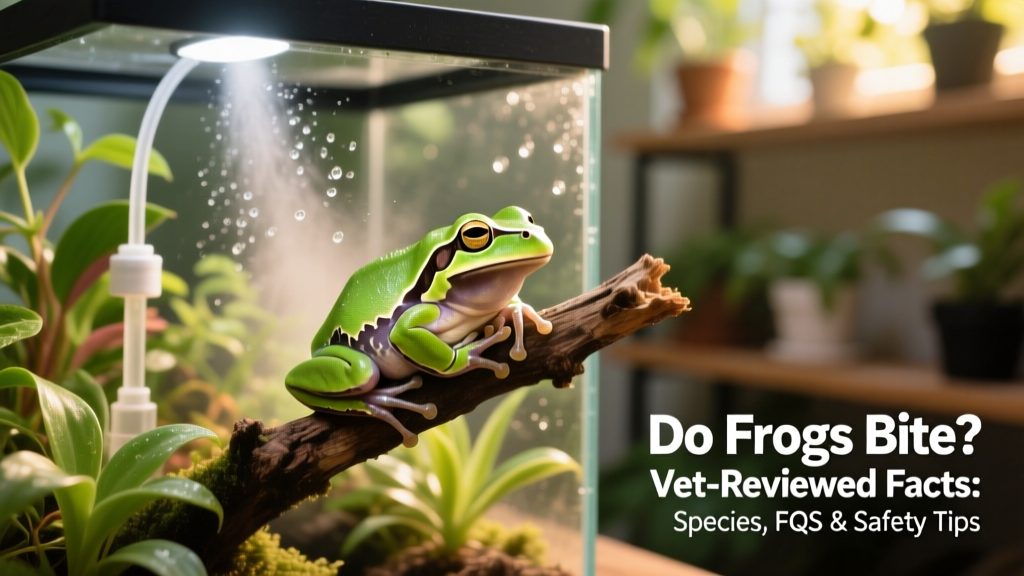 Well-set-up terrarium with live plants, misting system, and a calm green tree frog resting on a branch
