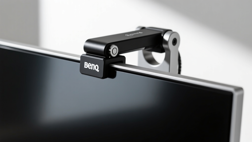 Close-up of BenQ ScreenBar Halo gravity pivot clamp securely attached to the thin top bezel of a Dell UltraSharp monitor