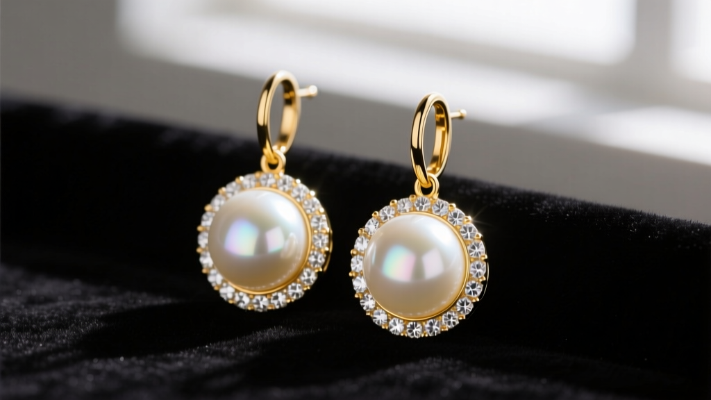 Close-up of 18k yellow gold drop earrings featuring large white South Sea pearls and diamond halos, resting on dark velvet.